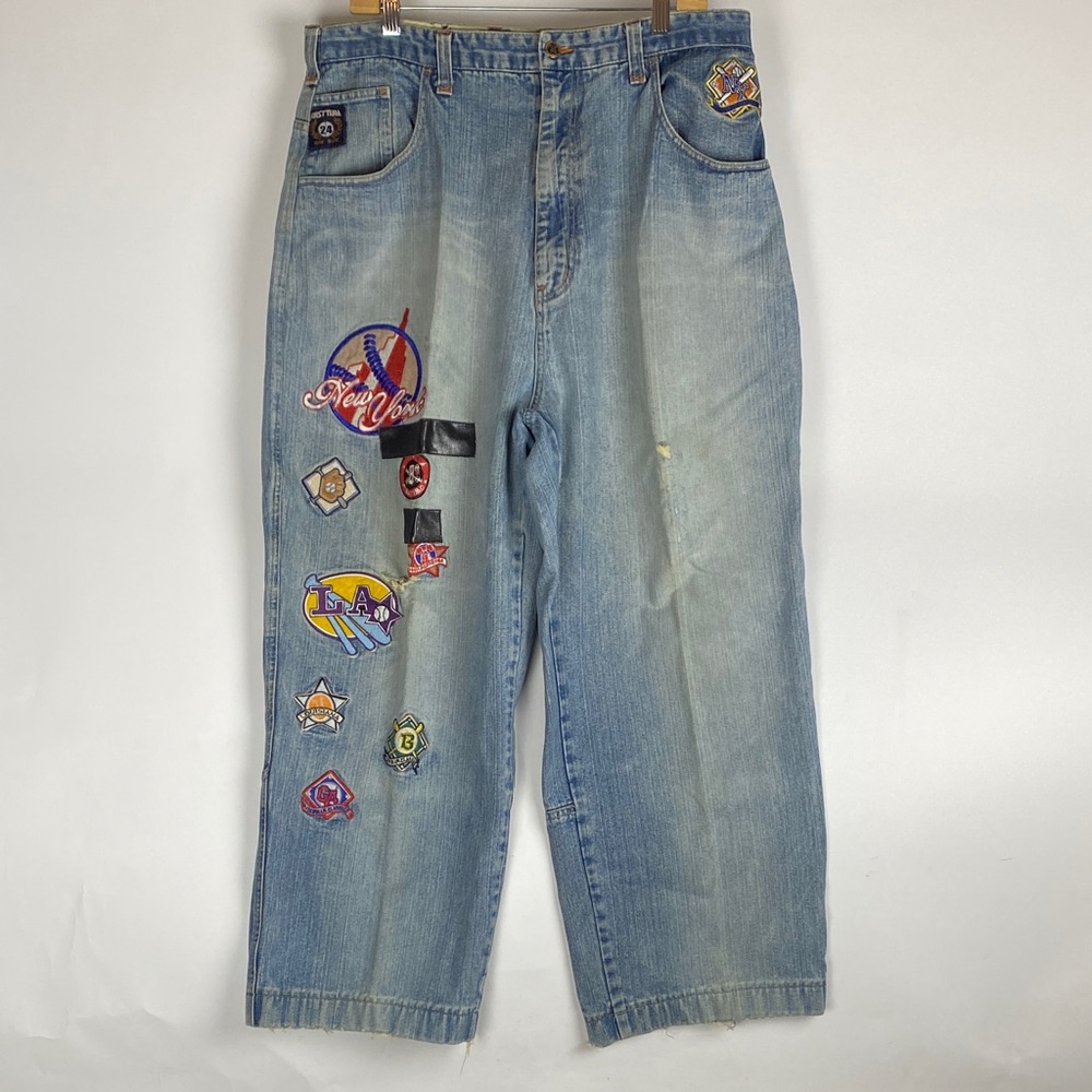 VTG RAW BLUE FIRST TEAM EMBROIDERED JEANS BASEBALL CLUB Y2K Measures 34”